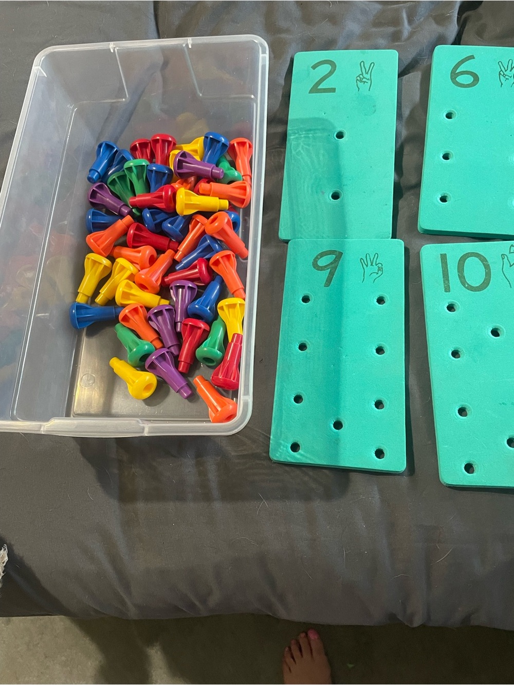 Colorful Plastic Pegs with Teal Foam Numbered Boards